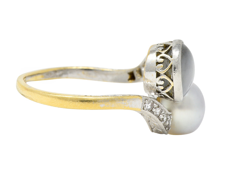 Edwardian Natural Pearl Star Sapphire Diamond Platinum-Topped 18 Karat Yellow Gold Toi-Et-Moi Antique Bypass Ring Wilson's Estate Jewelry