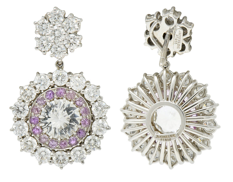 Contemporary 7.13 CTW Sapphire Diamond Platinum Cluster Drop EarringsEarrings - Wilson's Estate Jewelry