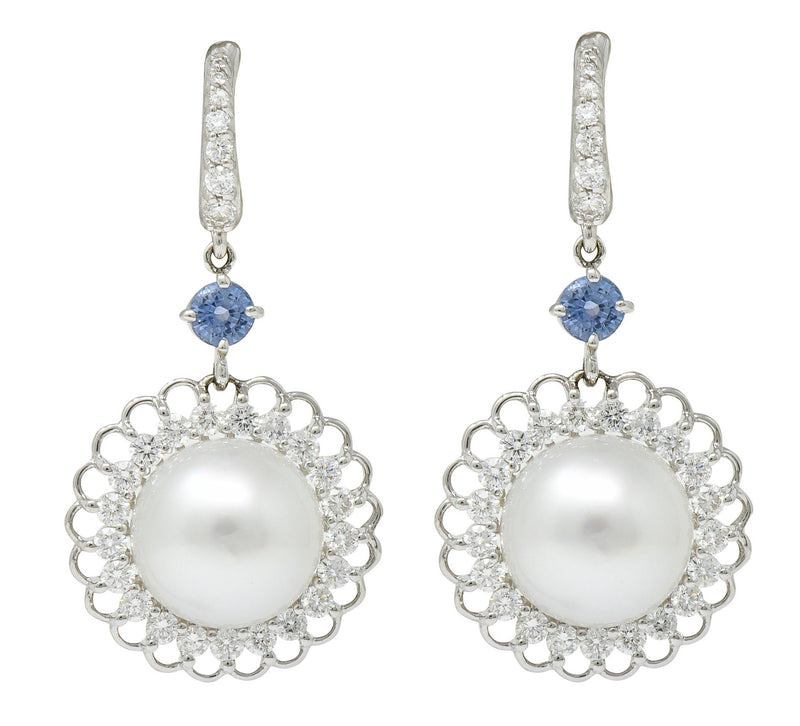 Contemporary South Sea Pearl 2.20 CTW Sapphire Diamond 18 Karat White Gold EarringsEarrings - Wilson's Estate Jewelry
