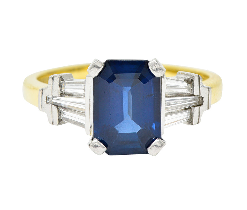 1950's Mid-Century 3.45 CTW Sapphire Diamond Platinum 18 Karat Yellow Gold Ring Wilson's Estate Jewelry
