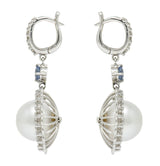 Contemporary South Sea Pearl 2.20 CTW Sapphire Diamond 18 Karat White Gold EarringsEarrings - Wilson's Estate Jewelry