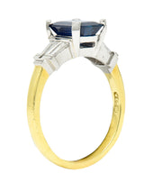 1950's Mid-Century 3.45 CTW Sapphire Diamond Platinum 18 Karat Yellow Gold Ring Wilson's Estate Jewelry
