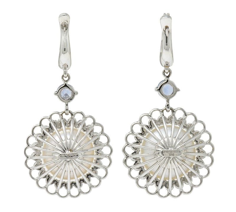 Contemporary South Sea Pearl 2.20 CTW Sapphire Diamond 18 Karat White Gold EarringsEarrings - Wilson's Estate Jewelry