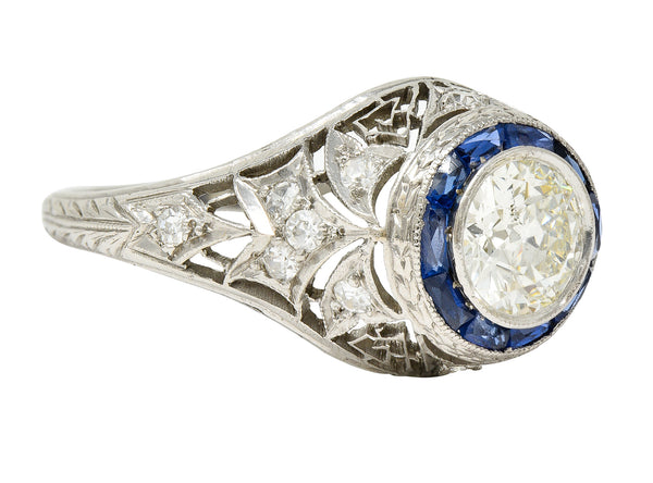 Art Deco 1.43 CTW Old European Cut Diamond Sapphire Halo Greek Key Foliate Engagement Ring