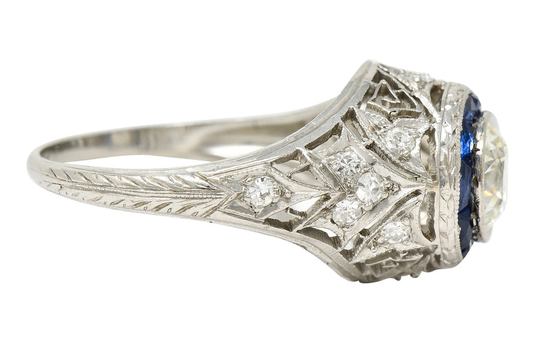 Art Deco 1.43 CTW Old European Cut Diamond Sapphire Halo Greek Key Foliate Engagement Ring Wilson's Estate Jewelry