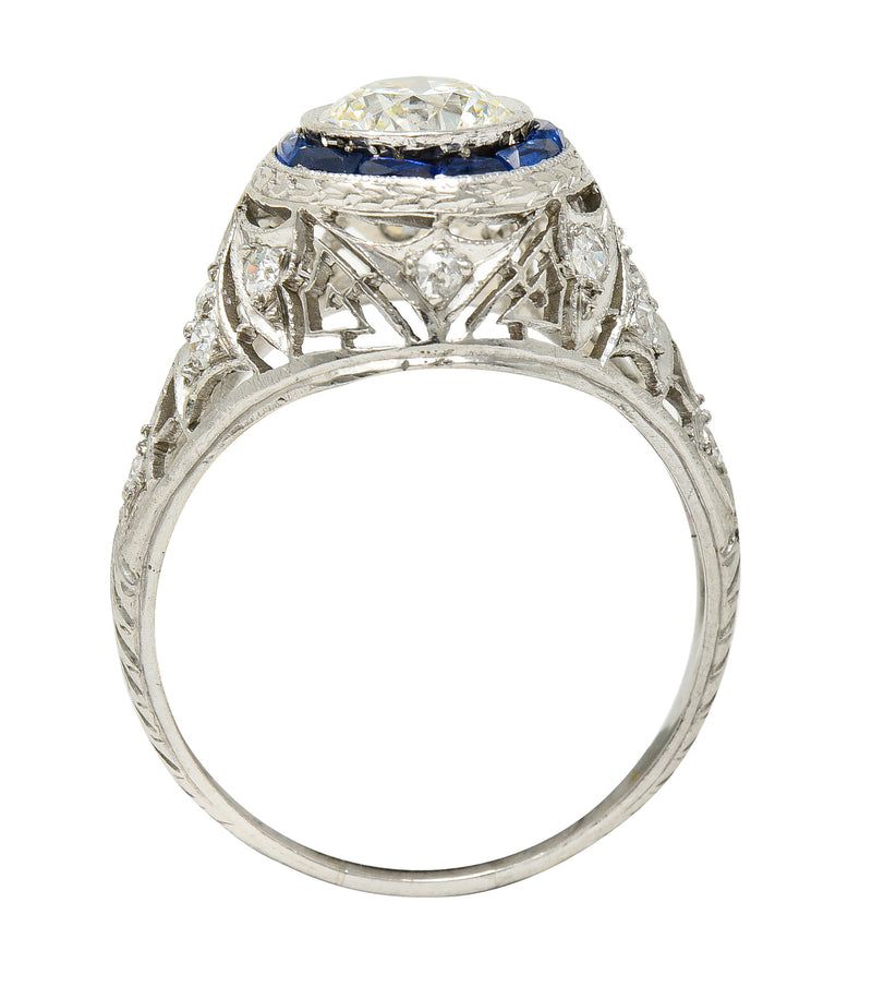 Art Deco 1.43 CTW Old European Cut Diamond Sapphire Halo Greek Key Foliate Engagement Ring Wilson's Estate Jewelry