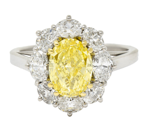 Vintage 3.27 CTW Oval Cut Fancy Intense Yellow Diamond Platinum 18 Karat Yellow Gold Cluster Ring GIA