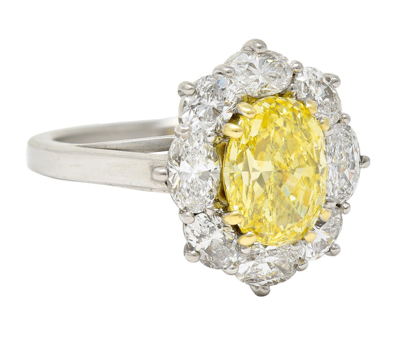 Vintage 3.27 CTW Oval Cut Fancy Intense Yellow Diamond Platinum 18 Karat Yellow Gold Cluster Ring GIA Wilson's Estate Jewelry