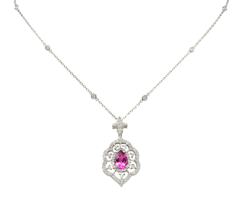 Pink Tourmaline Diamond 18 Karat White Gold Cluster Pendant NecklaceNecklace - Wilson's Estate Jewelry