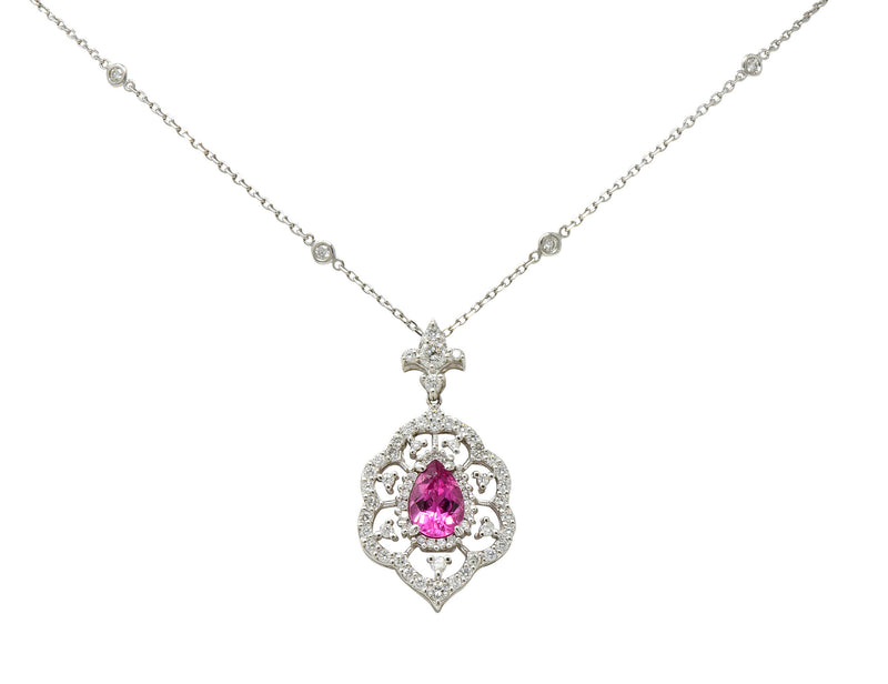 Pink Tourmaline Diamond 18 Karat White Gold Cluster Pendant NecklaceNecklace - Wilson's Estate Jewelry