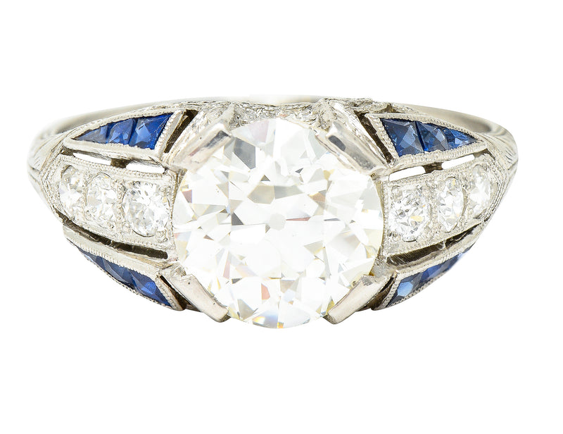 Art Deco 2.79 CTW Old European Cut Diamond Sapphire Platinum Scrolling Engagement Ring Wilson's Estate Jewelry