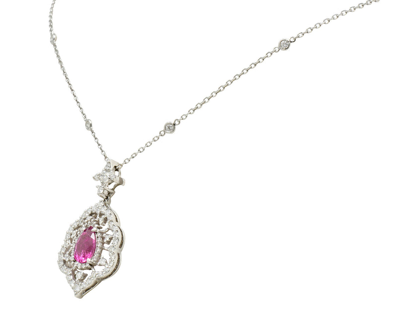Pink Tourmaline Diamond 18 Karat White Gold Cluster Pendant NecklaceNecklace - Wilson's Estate Jewelry