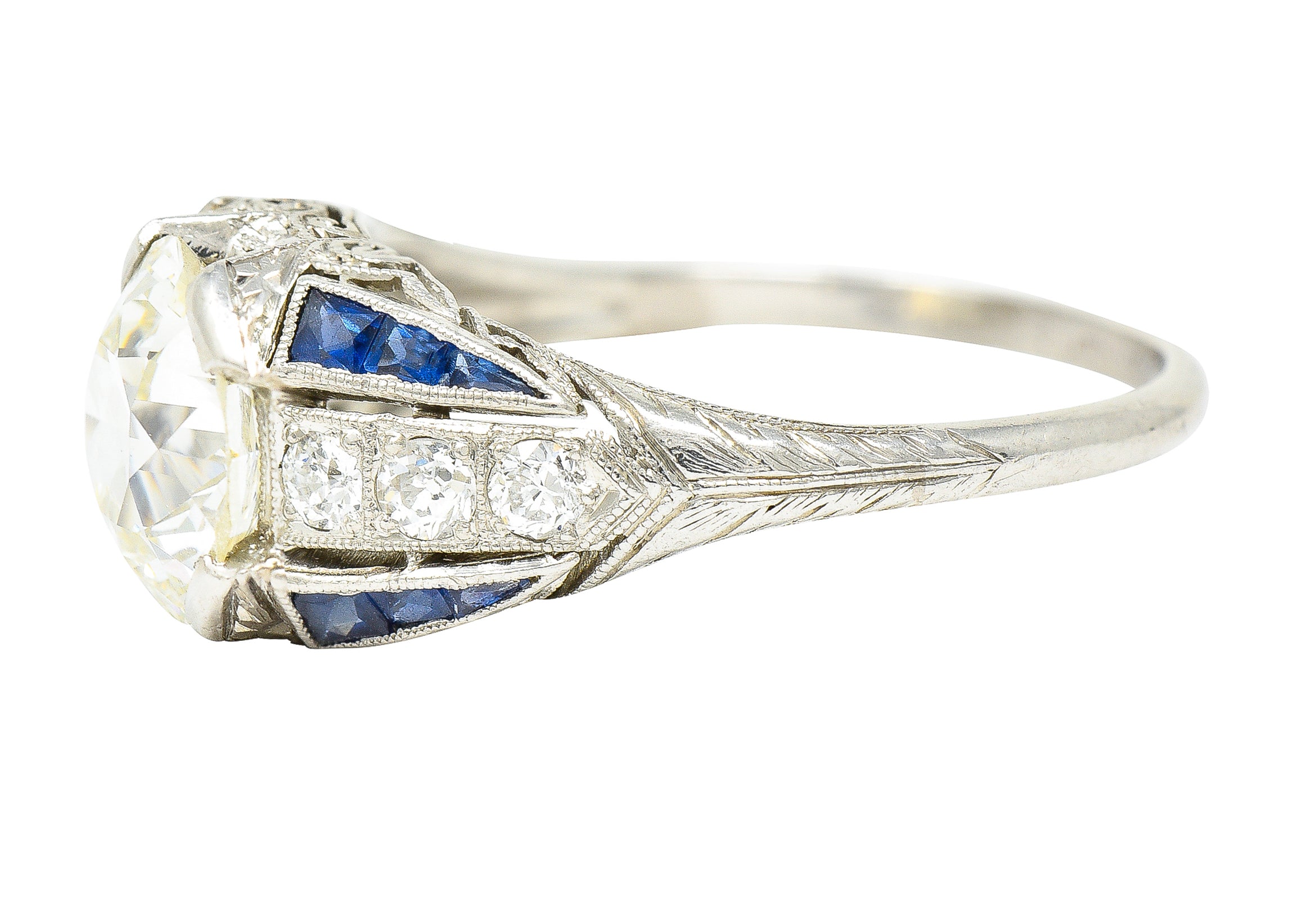 Art Deco 2.79 CTW Old European Cut Diamond Sapphire Platinum Scrolling Engagement Ring Wilson's Estate Jewelry