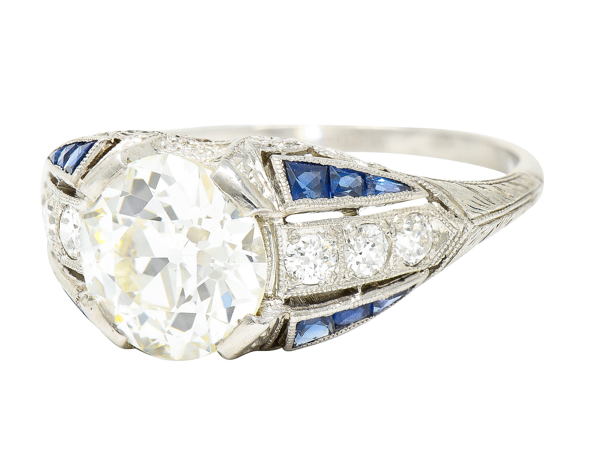 Art Deco 2.79 CTW Old European Cut Diamond Sapphire Platinum Scrolling Engagement Ring Wilson's Estate Jewelry