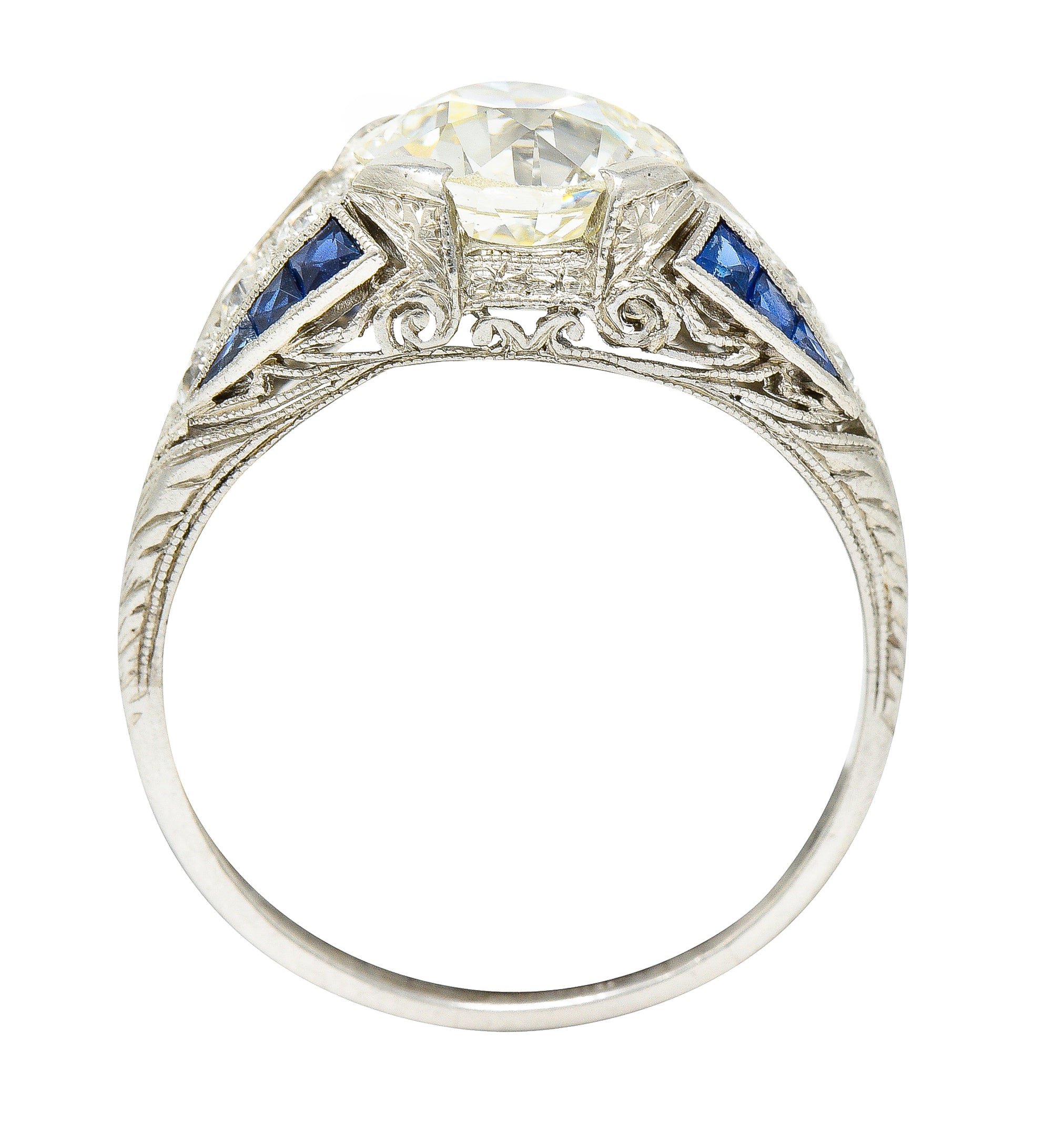 Art Deco 2.79 CTW Old European Cut Diamond Sapphire Platinum Scrolling Engagement Ring Wilson's Estate Jewelry
