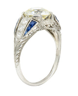 Art Deco 2.79 CTW Old European Cut Diamond Sapphire Platinum Scrolling Engagement Ring Wilson's Estate Jewelry