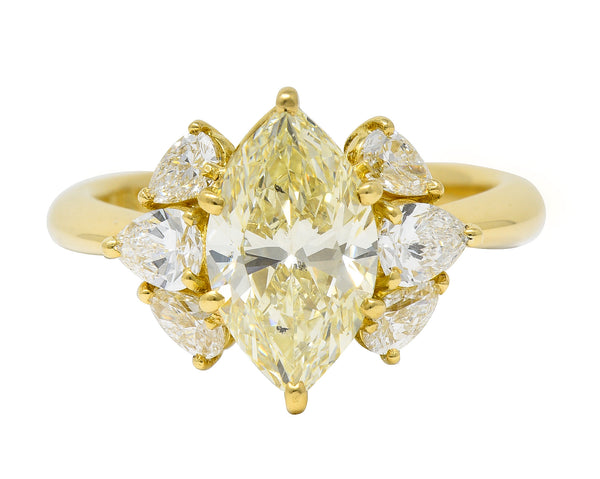 Contemporary 3.00 CTW Fancy Yellow Marquise Cut Diamond 18 Karat Yellow Gold Cluster Engagement Ring