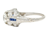Art Deco 1.19 CTW Old European Cut Diamond Sapphire Platinum Ribbon Antique Engagement Ring Wilson's Estate Jewelry