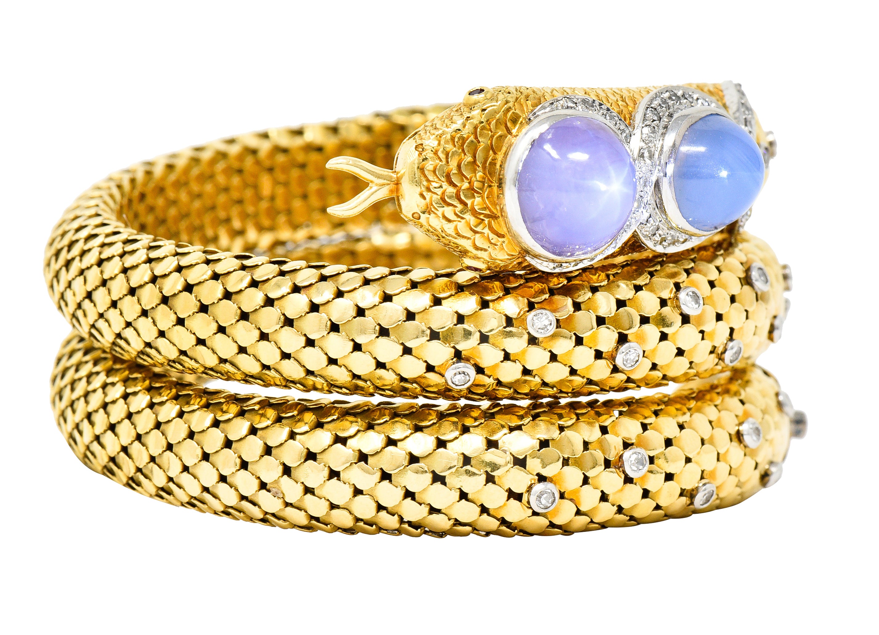 Mid-Century Star Sapphire Ruby Diamond Platinum 14 Karat Yellow Gold Snake Vintage Wrap Bracelet Wilson's Estate Jewelry