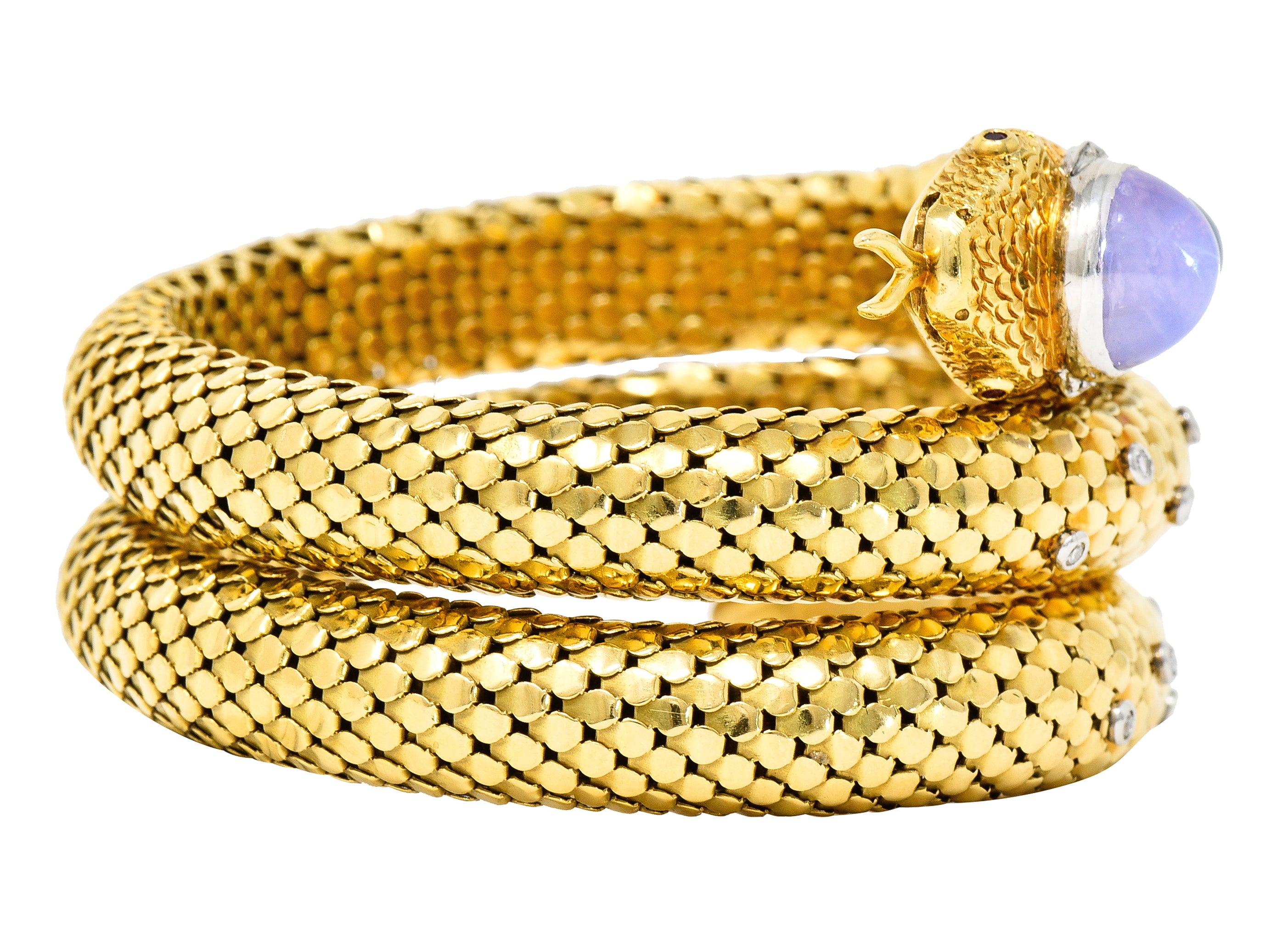 Mid-Century Star Sapphire Ruby Diamond Platinum 14 Karat Yellow Gold Snake Vintage Wrap Bracelet Wilson's Estate Jewelry