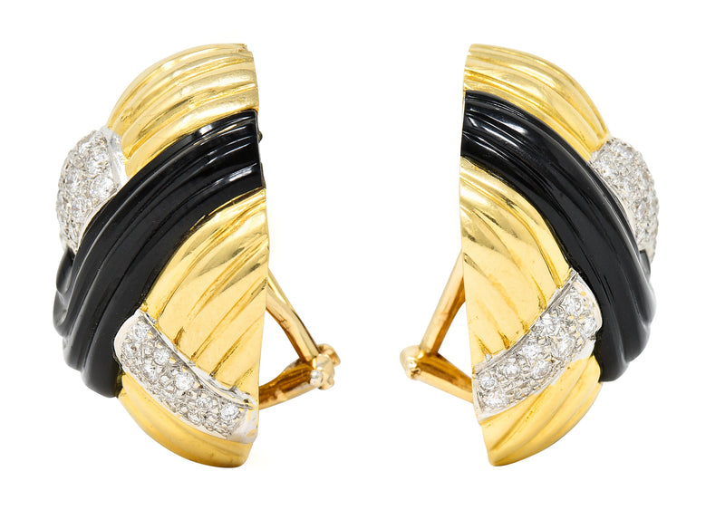 Vintage Onyx Diamond 18 Karat Two-Tone Gold Ear-Clip Earrings Wilson's Estate Jewelry