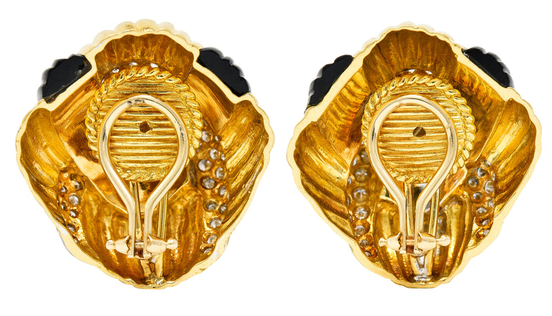 Vintage Onyx Diamond 18 Karat Two-Tone Gold Ear-Clip Earrings Wilson's Estate Jewelry