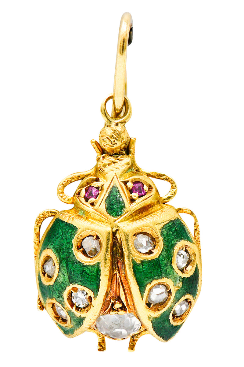 Art Nouveau Diamond Ruby Enamel 18 Karat Gold Ladybug Charmcharm - Wilson's Estate Jewelry