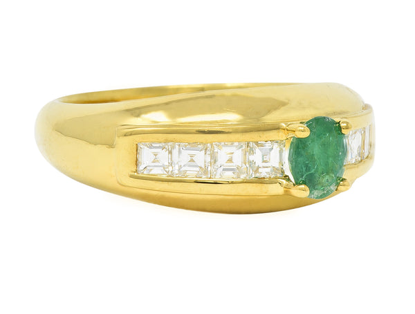 1980's 1.00 CTW Emerald Diamond 18 Karat Yellow Gold Vintage Gemstone Ring
