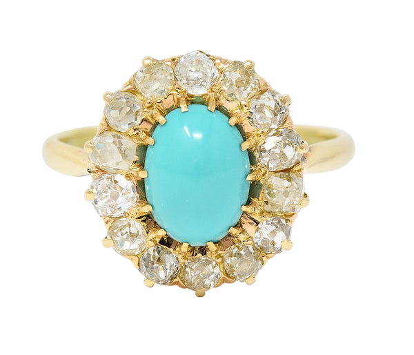 Victorian 1.12 CTW Turquoise Cabochon Old Mine Cut Diamond 14 Karat Yellow Gold Antique Halo Ring Wilson's Estate Jewelry
