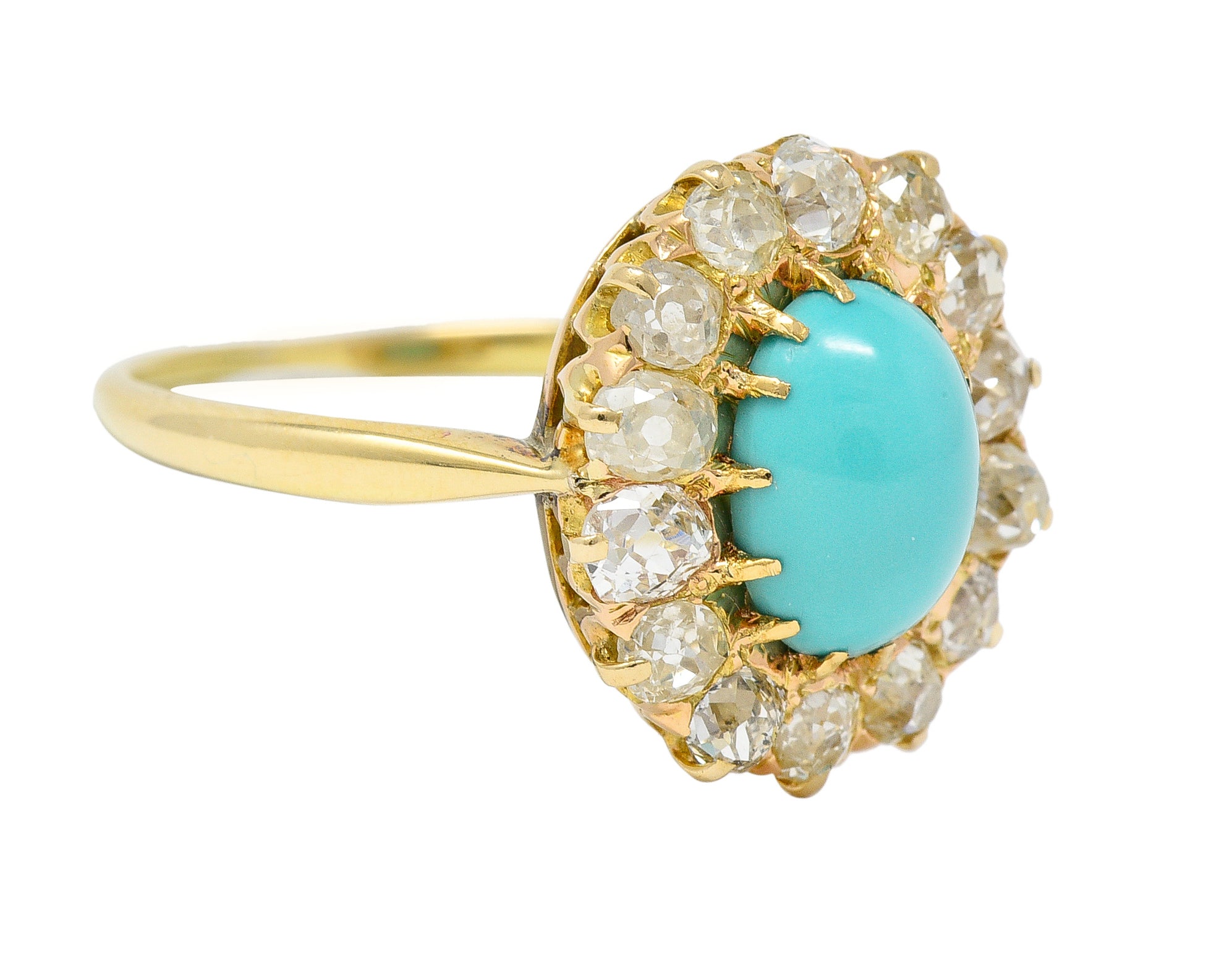 Victorian 1.12 CTW Turquoise Cabochon Old Mine Cut Diamond 14 Karat Yellow Gold Antique Halo Ring Wilson's Estate Jewelry