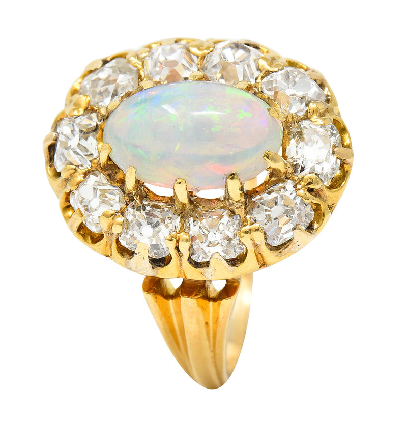 Victorian 1.50 CTW Old Mine Cut Diamond Opal 14 Karat Yellow Gold Antique Cluster Ring Wilson's Estate Jewelry