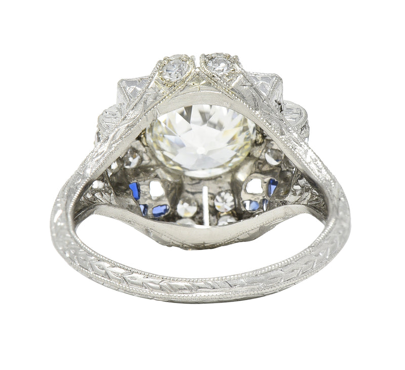 Art Deco 2.35 CTW Diamond Sapphire Platinum Foliate Quatrefoil Engagement Ring