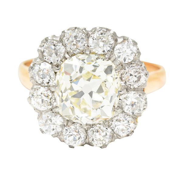 Edwardian 4.16 CTW Old Mine Old European Cut Diamond Platinum-Topped 18 Karat Yellow Gold Cluster Antique Engagement Ring Wilson's Estate Jewelry