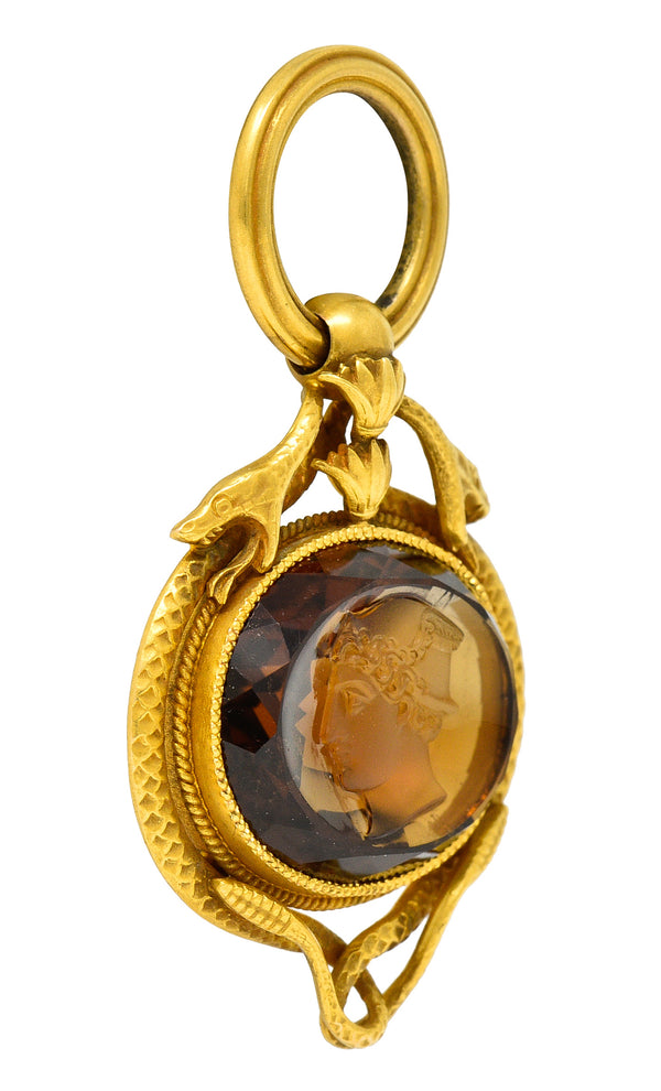 Victorian Citrine 14 Karat Yellow Gold Hermes Intaglio Snake Antique Fob Pendant Wilson's Estate Jewelry
