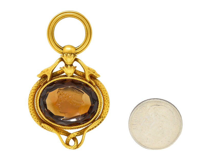 Victorian Citrine 14 Karat Yellow Gold Hermes Intaglio Snake Antique Fob Pendant Wilson's Estate Jewelry