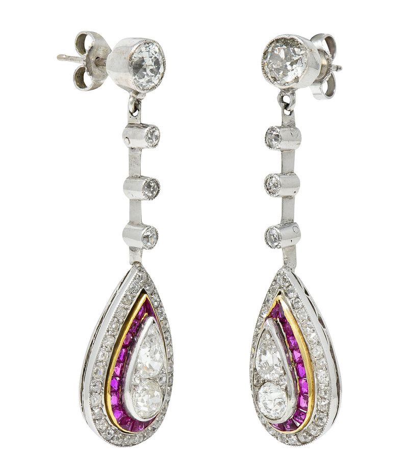 Art Deco 5.50 CTW Diamond Ruby Platinum Yellow Gold Pear Drop Earrings Wilson's Estate Jewelry