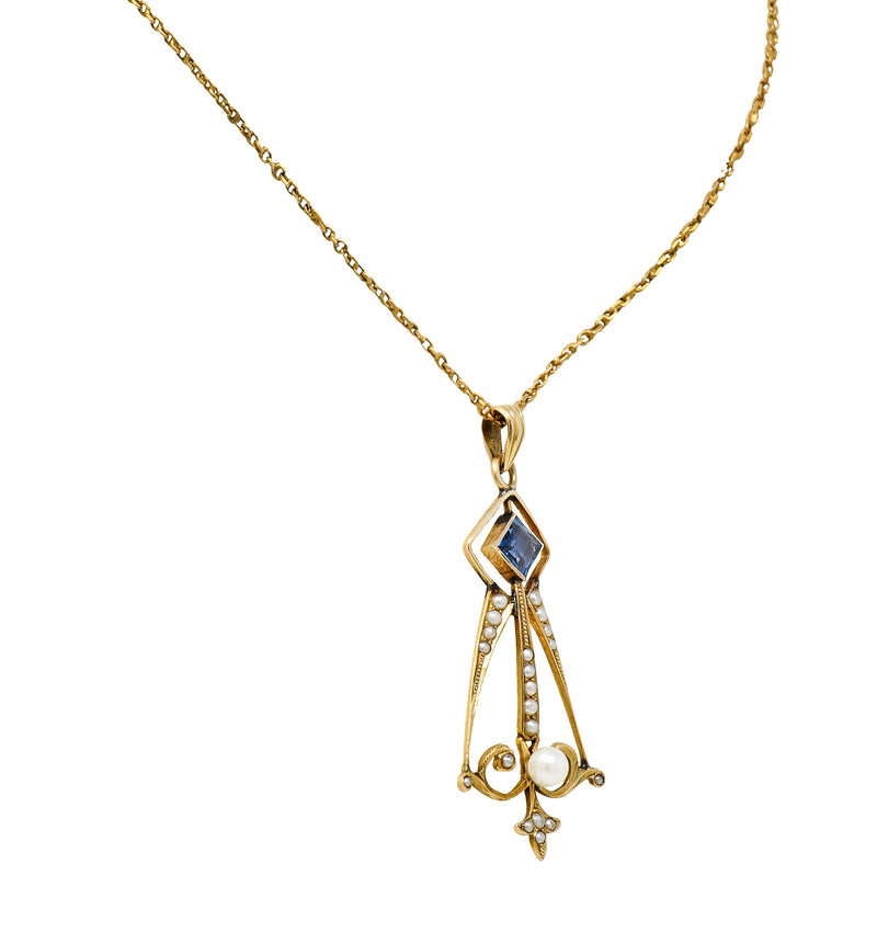 Art Nouveau Sapphire Pearl 14 Karat Gold Pendant NecklaceNecklace - Wilson's Estate Jewelry