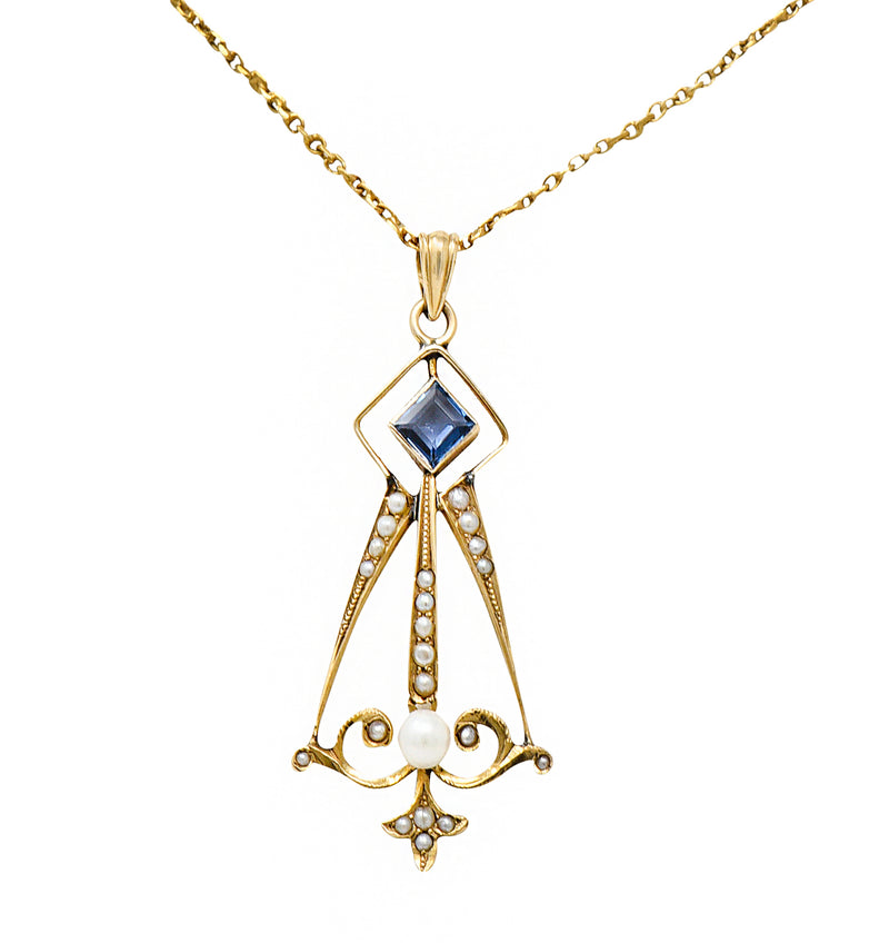 Art Nouveau Sapphire Pearl 14 Karat Gold Pendant NecklaceNecklace - Wilson's Estate Jewelry