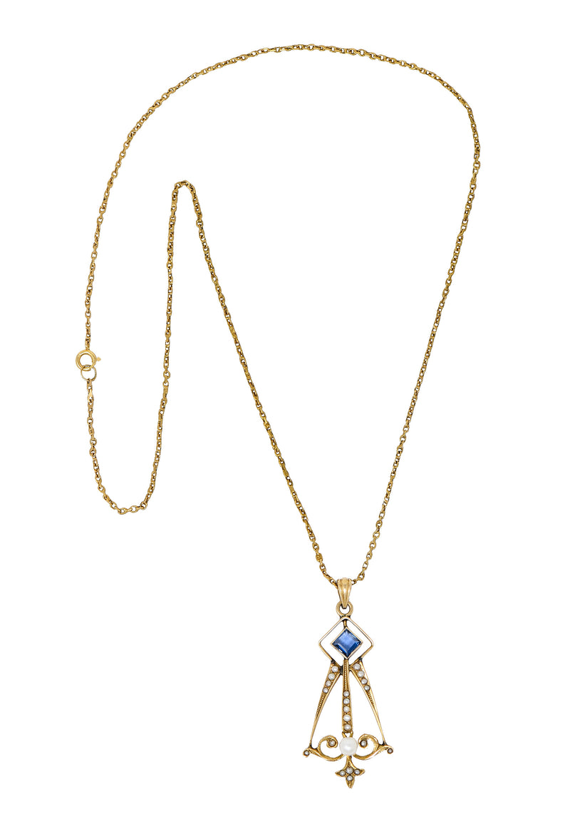 Art Nouveau Sapphire Pearl 14 Karat Gold Pendant NecklaceNecklace - Wilson's Estate Jewelry