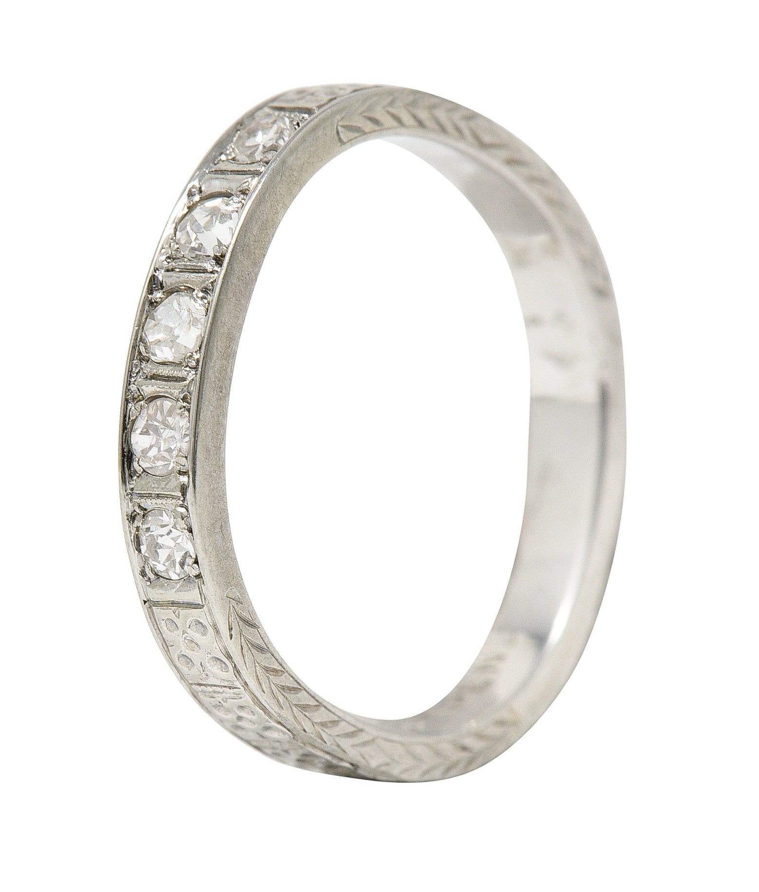 1930's Art Deco Diamond 18 Karat White Gold Wheat I Love You Vintage Band Ring Wilson's Estate Jewelry