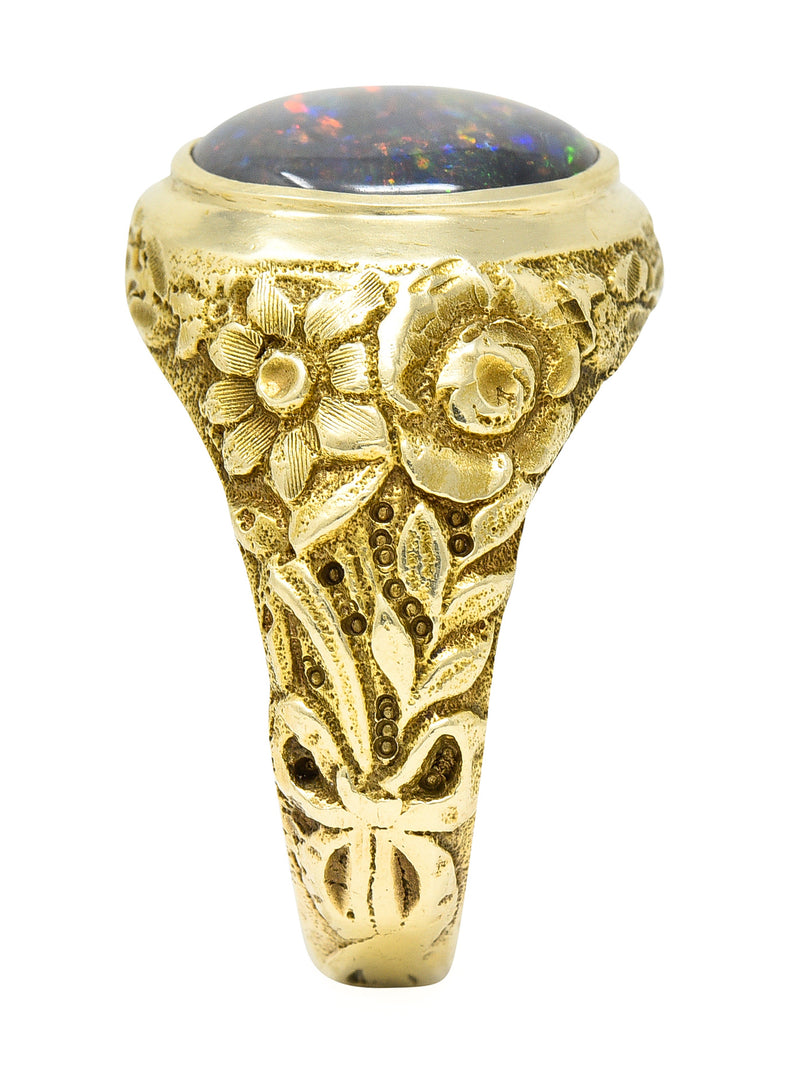 Late Victorian Black Opal 14 Karat Gold Unisex Floral Signet Ring Wilson's Estate Jewelry