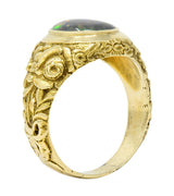 Late Victorian Black Opal 14 Karat Gold Unisex Floral Signet Ring Wilson's Estate Jewelry