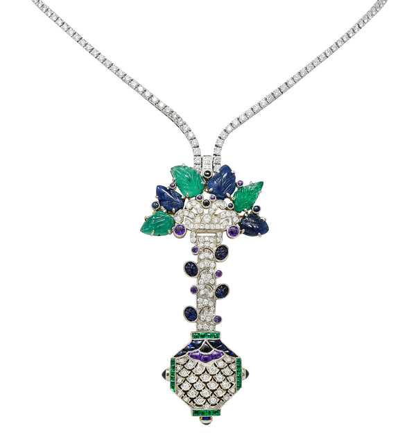 Vintage 27.05 CTW Diamond Sapphire Emerald 18 Karat White Gold Riviera Tutti-Frutti Enhancer NecklaceNecklace - Wilson's Estate Jewelry