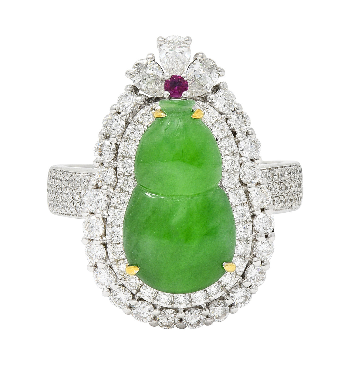 Contemporary 3.95 CTW Carved Jade Ruby Diamond 18 Karat Gold Cluster R