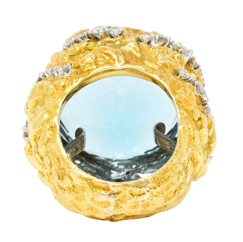 David Webb 1970's 43.10 CTW Aquamarine Diamond Platinum 18 Karat Yellow Gold Substantial Vintage Cocktail Ring Wilson's Estate Jewelry