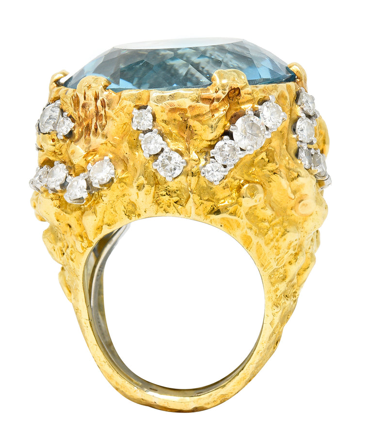 David Webb 1970's 43.10 CTW Aquamarine Diamond Platinum 18 Karat Yellow Gold Substantial Vintage Cocktail Ring Wilson's Estate Jewelry