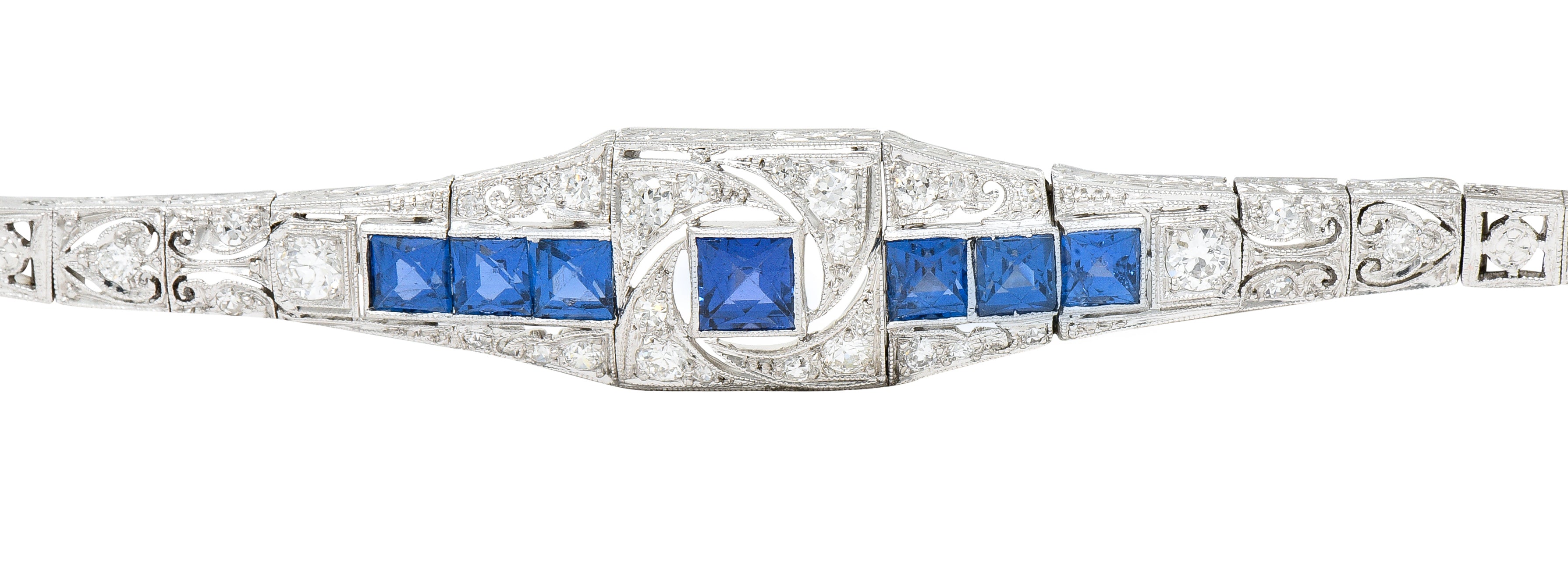 Brassler & Co. Art Deco 3.25 CTW Sapphire Diamond Platinum-Topped 14 Karat Gold Floral Link Bracelet Wilson's Estate Jewelry