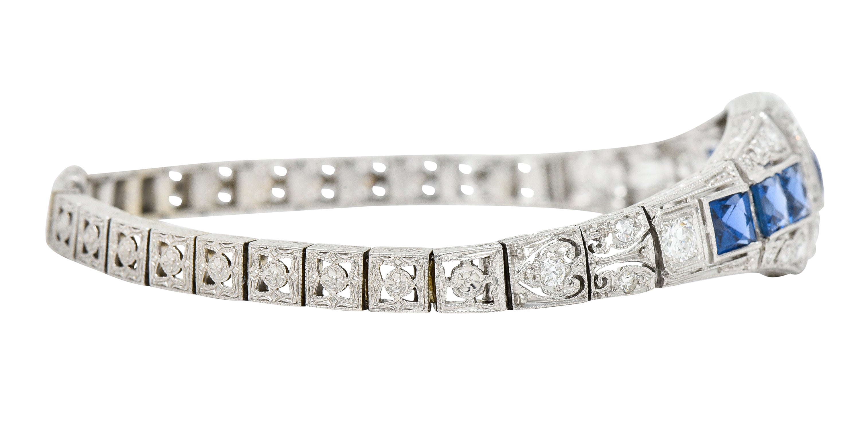 Brassler & Co. Art Deco 3.25 CTW Sapphire Diamond Platinum-Topped 14 Karat Gold Floral Link Bracelet Wilson's Estate Jewelry