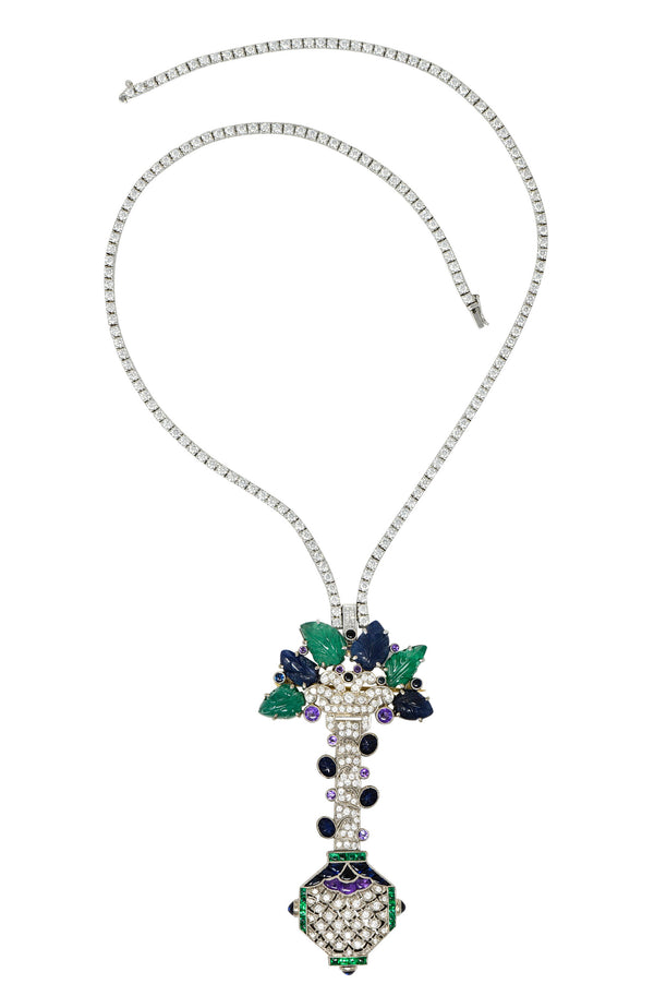 Vintage 27.05 CTW Diamond Sapphire Emerald 18 Karat White Gold Riviera Tutti-Frutti Enhancer NecklaceNecklace - Wilson's Estate Jewelry