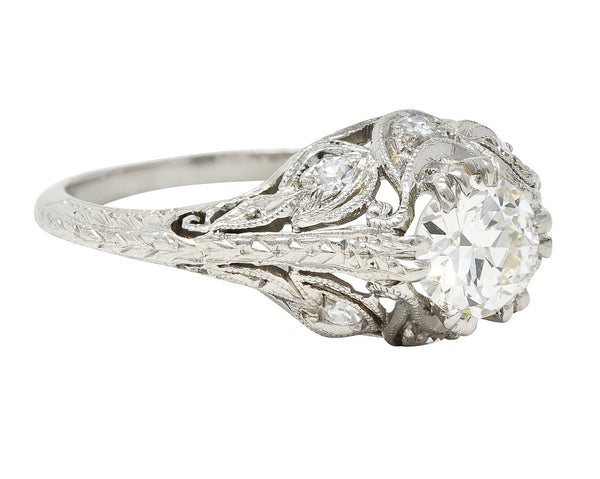 Art Deco 0.75 CTW Old European Cut Diamond Platinum Swirling Foliate Engagement Ring